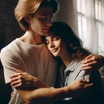 DALL&middot;E 2024 04 14 10.53.19 Create an image of a transgender woman embracing her partner in a tender moment, showcasing the complexities and beauty of intimacy during transition