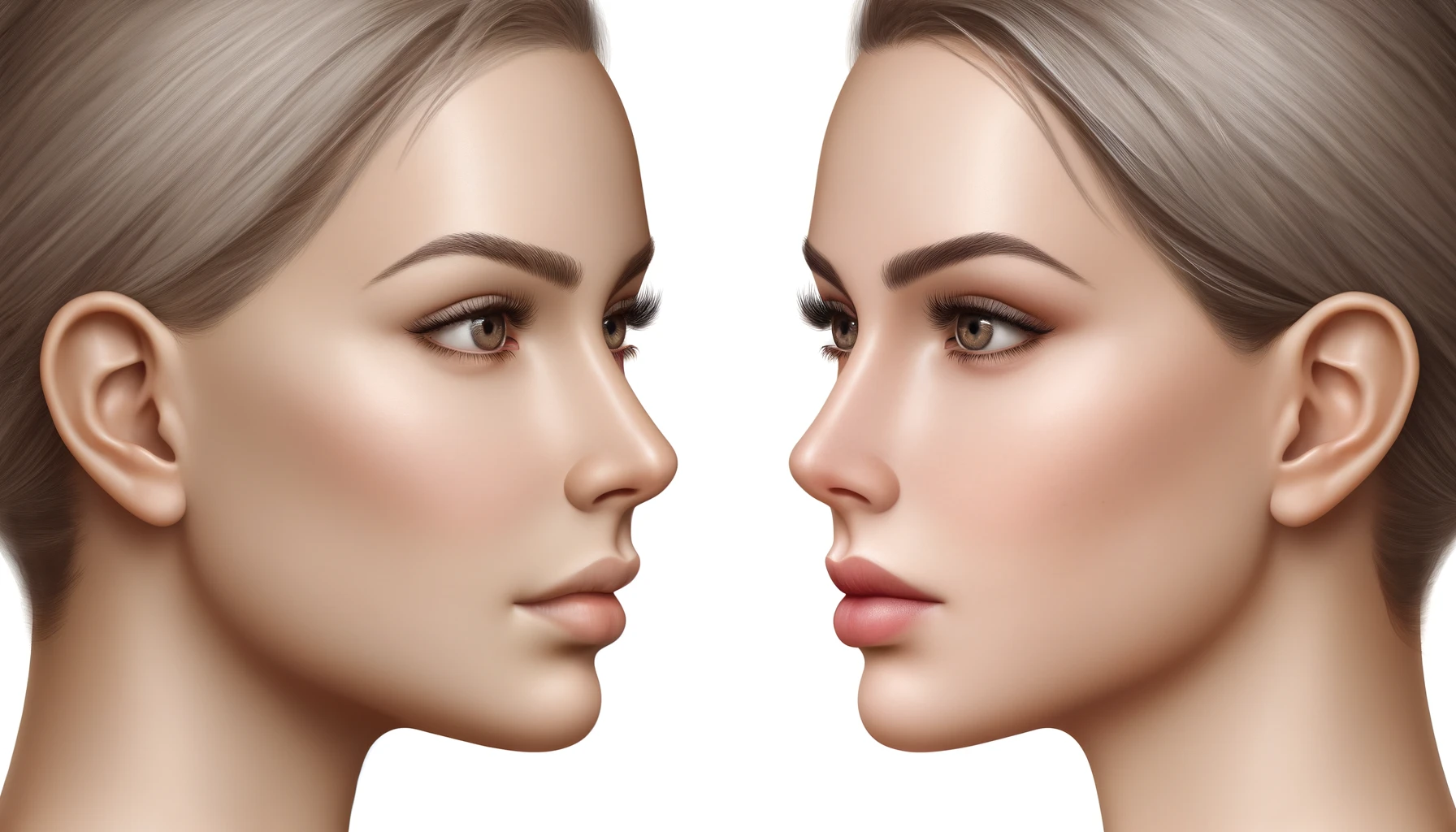 DALL·E 2024 04 25 18.29.19 A side by side comparison of a woman's face before and after Facial Feminization Surgery. On the left, the original face with a pronounced jawline and