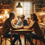 DALL·E 2024 04 05 12.28.02 A warm and cozy kitchen scene featuring a young person sitting at a kitchen table, holding hands with their parents. The family is deeply engaged in a
