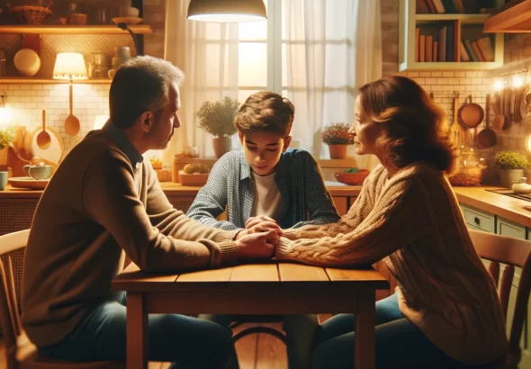 DALL·E 2024 04 05 12.28.02 A warm and cozy kitchen scene featuring a young person sitting at a kitchen table, holding hands with their parents. The family is deeply engaged in a
