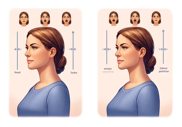 DALL·E 2024 04 09 16.28.09 Illustrate a side by side comparison of the same woman demonstrating both correct and incorrect voice training techniques, without any textual element