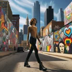 DALL·E 2024 04 11 11.35.15 Create an image of a transgender woman walking confidently down a city street, with vibrant graffiti murals in the background and a sense of empowerme