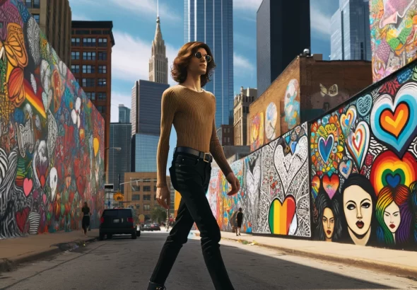 DALL·E 2024 04 11 11.35.15 Create an image of a transgender woman walking confidently down a city street, with vibrant graffiti murals in the background and a sense of empowerme
