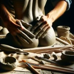 DALL·E 2024 04 13 11.12.40 Create an image of a sculptor's hands delicately shaping a silhouette of a woman's back from clay. The scene should capture the sculptor's hands in cl