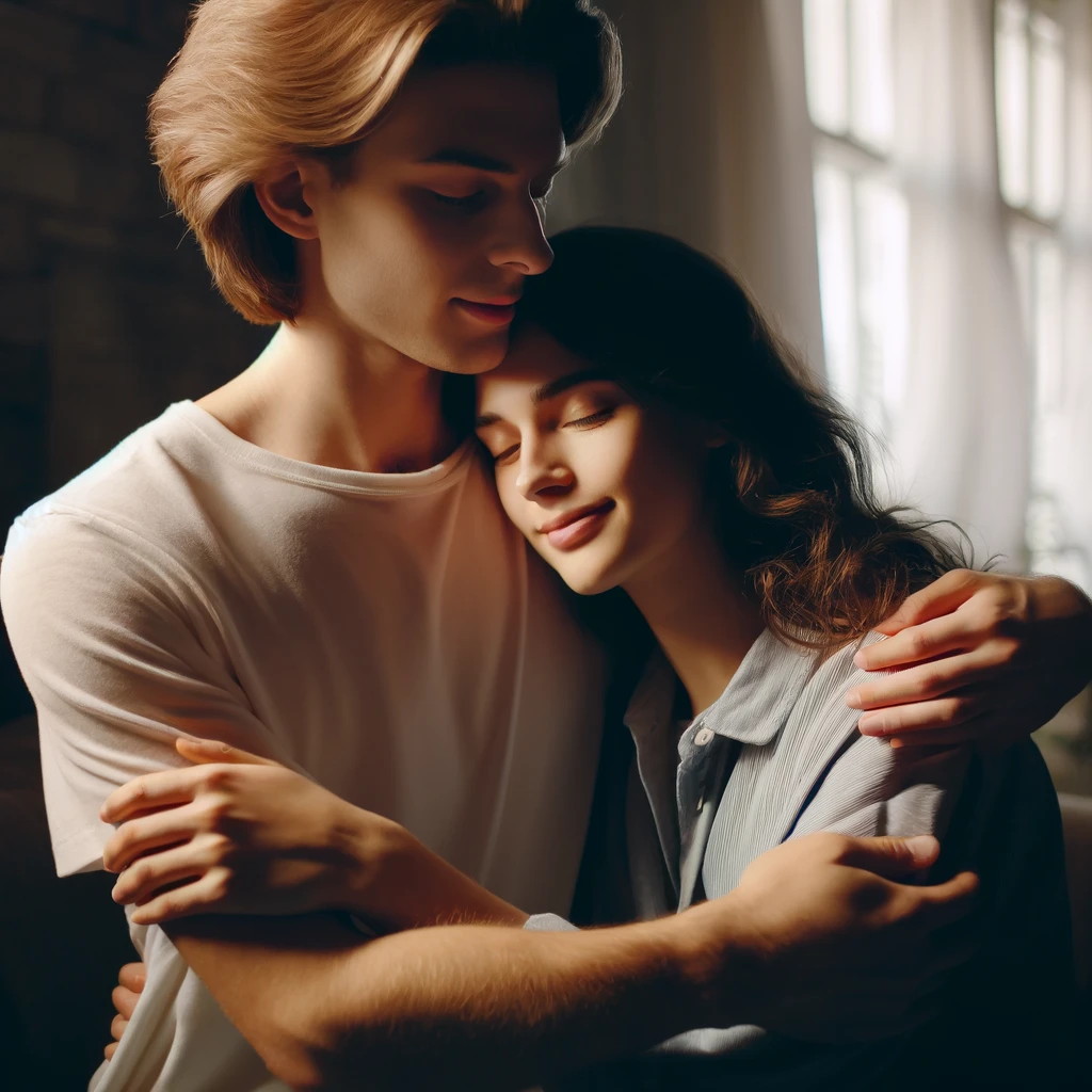 DALL·E 2024 04 14 10.53.19 Create an image of a transgender woman embracing her partner in a tender moment, showcasing the complexities and beauty of intimacy during transition