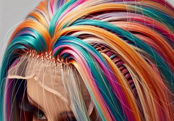 DALL·E 2024 04 19 11.04.28 Detailed close up image of a cheap looking wig. This wig should have overly glossy, synthetic fibers and a highly visible, ill fitting wig cap. The ro