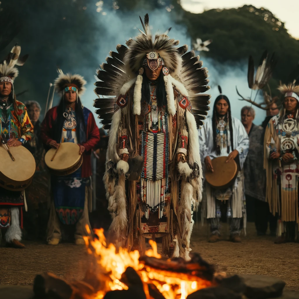 DALL·E 2024 04 22 15.22.58 A traditional Native American ceremony scene featuring a person with both masculine and feminine qualities. The person is wearing elaborate traditiona