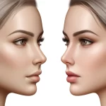 DALL·E 2024 04 25 18.29.19 A side by side comparison of a woman's face before and after Facial Feminization Surgery. On the left, the original face with a pronounced jawline and