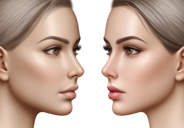 DALL·E 2024 04 25 18.29.19 A side by side comparison of a woman's face before and after Facial Feminization Surgery. On the left, the original face with a pronounced jawline and