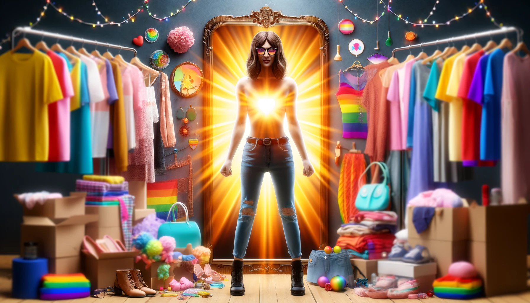 DALL·E 2024 05 22 06.55.42 A MTF transgender figure standing confidently in front of a mirror, surrounded by an array of diverse, colorful clothing and accessories, with a radia