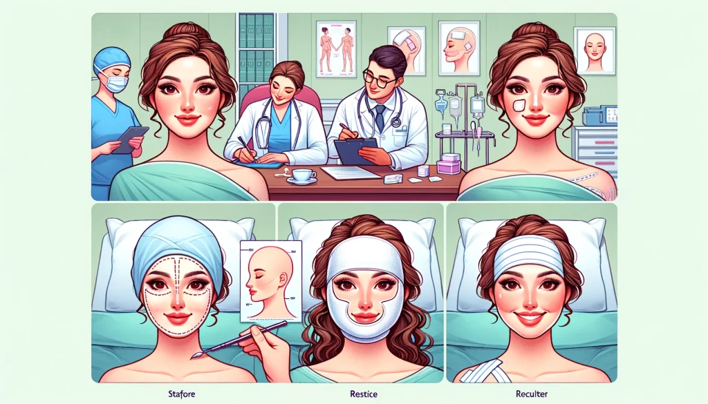 DALL·E 2024 05 04 09.32.13 An educational illustration depicting the step by step process of women's facial feminization surgery. The image shows four key stages 1) initial con