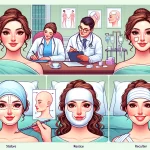 DALL·E 2024 05 04 09.32.13 An educational illustration depicting the step by step process of women's facial feminization surgery. The image shows four key stages 1) initial con
