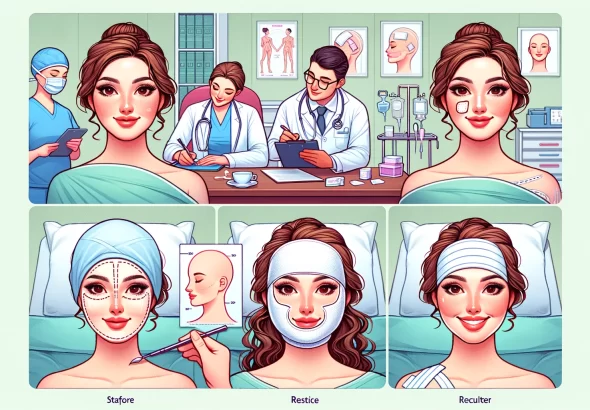 DALL·E 2024 05 04 09.32.13 An educational illustration depicting the step by step process of women's facial feminization surgery. The image shows four key stages 1) initial con