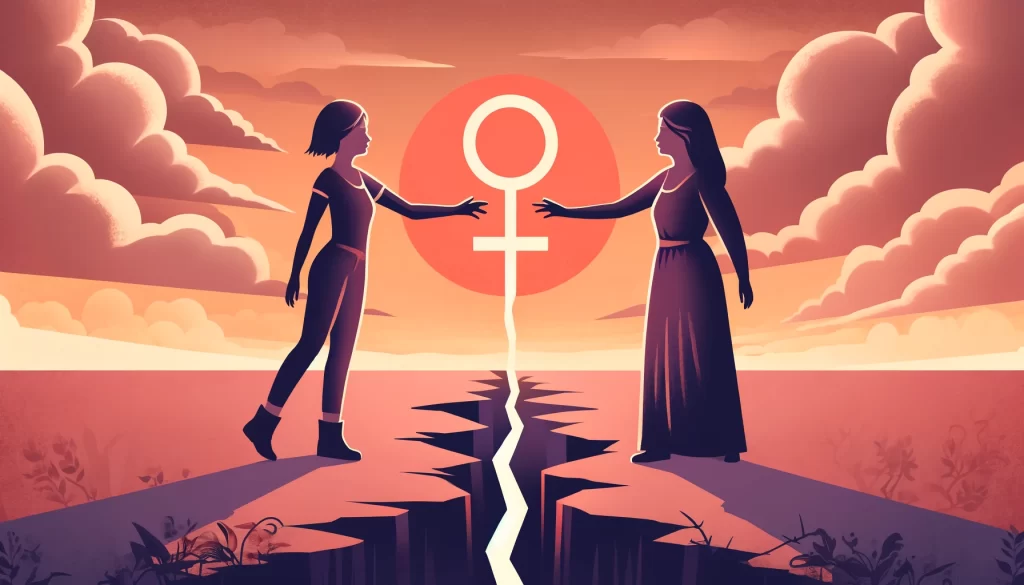 DALL·E 2024 05 22 04.34.27 Two figures, one woman with short hair and another with long hair and a feminist symbol, standing divided by a crack in the ground, but reaching out t