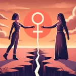 DALL·E 2024 05 22 04.34.27 Two figures, one woman with short hair and another with long hair and a feminist symbol, standing divided by a crack in the ground, but reaching out t