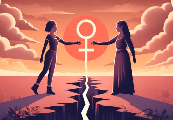 DALL·E 2024 05 22 04.34.27 Two figures, one woman with short hair and another with long hair and a feminist symbol, standing divided by a crack in the ground, but reaching out t
