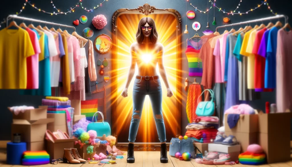 DALL·E 2024 05 22 06.55.42 A MTF transgender figure standing confidently in front of a mirror, surrounded by an array of diverse, colorful clothing and accessories, with a radia