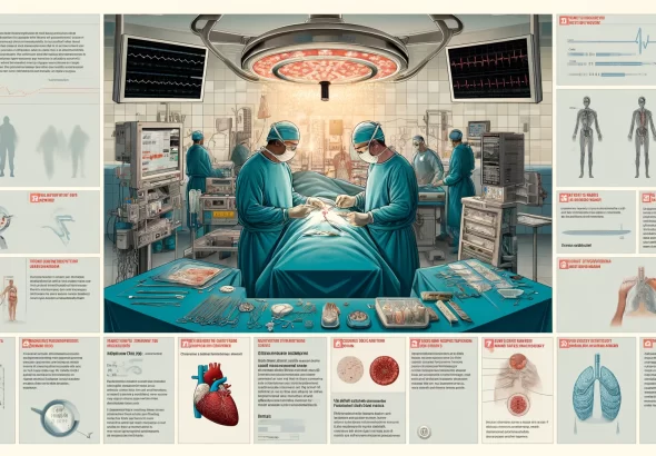 DALL·E 2024 05 31 04.15.36 A detailed, informative illustration showing a surgical team in a well lit operating room, focusing on a chest surgery procedure. The main scene depic