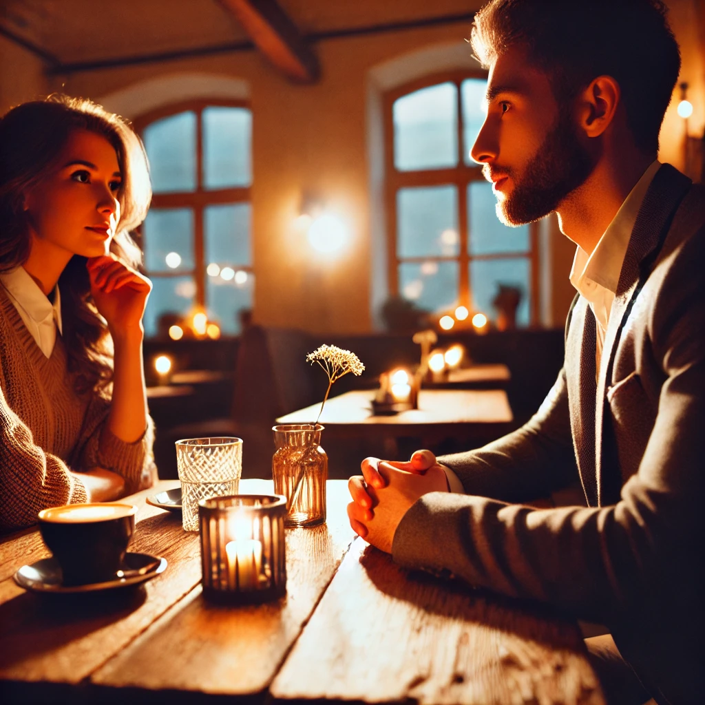 DALL·E 2024 06 19 12.36.36 Two people at a cozy café on a first date, with warm lighting, one person appears thoughtful while the other is speaking, creating an atmosphere of op
