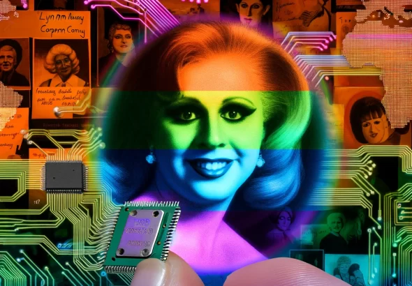 DALL·E 2024 06 12 06.29.06 A vibrant and dynamic scene depicting Lynn Conway, surrounded by intricate computer circuitry, holding a microchip. The backdrop includes significant