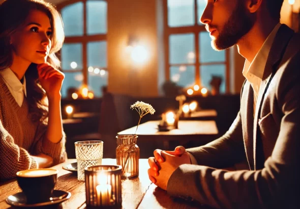 DALL·E 2024 06 19 12.36.36 Two people at a cozy café on a first date, with warm lighting, one person appears thoughtful while the other is speaking, creating an atmosphere of op