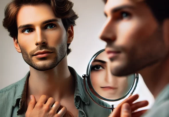 DALL·E 2024 06 20 10.29.16 A thoughtful trans man gazing into a mirror, half his face reflecting traditional masculine features and the other half showing softer, feminized feat