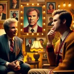 DALL·E 2024 10 28 06.15.15 A documentary style image capturing actor Will Ferrell, alongside a diverse cast, with warm lighting and a soft, intimate setting. Will Ferrell is see