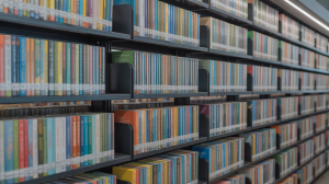 A well lit, modern library with neatly arranged shelves filled with colorful books