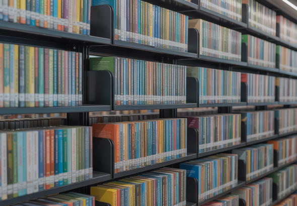 A well lit, modern library with neatly arranged shelves filled with colorful books